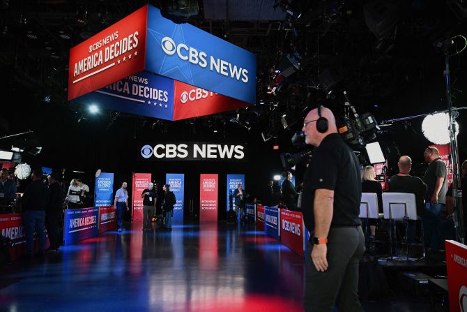 Members of the media set up in the spin room at the CBS Broadcast Center.