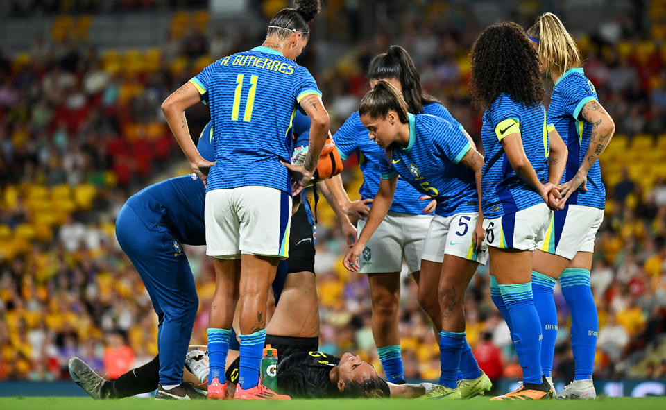 Brazilian players in action against the Matildas.