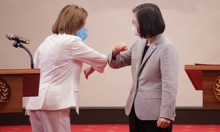 US House Speaker Nancy Pelosi (L) bumping elbows with Taiwan President Tsai Ing-wen during a press conference at the Presidential Palace in Taipei, Taiwan, 03 August 2022