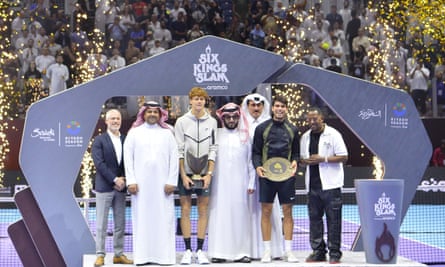 Jannik Sinner (third left) and Carlos Alcaraz (second right) pose with their trophies after the final of the 2024 Six Kings Slam tournament in Riyadh, Saudi Arabia last month.