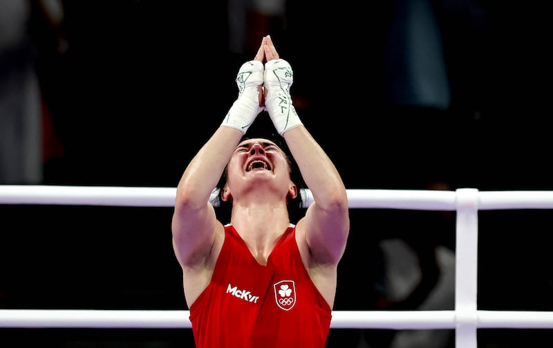 Kellie Harrington celebrates after beating Beatriz Ferreira in the women's 60kg semi-final at the Paris Olympics. Photograph: Ryan Byrne/Inpho