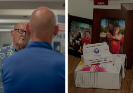 Mike Darnold (left) is an intervention counselor at Dana Hills high. Right: Darnold’s desk in his office contains family photos and boxes of Narcan, an opioid overdose reversal drug.