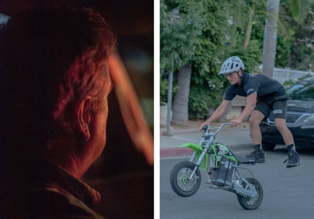 left: dark photo of man driving, viewed from behind. right: boy on small bike