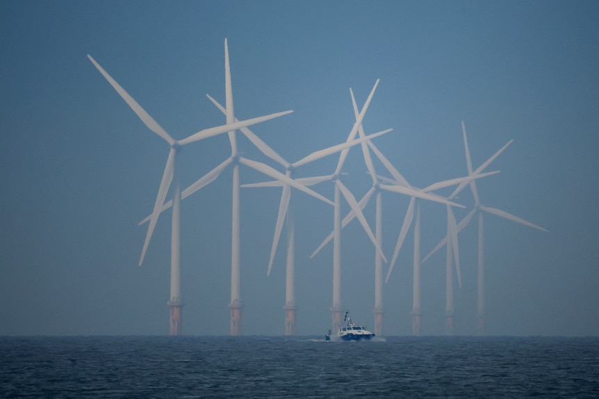 Offshore wind farm in the background with vessel in the foreground dwarfed by the huge turbines