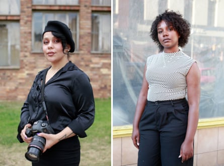 Two portraits of women, the one on the left holding a camera