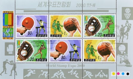 Souvenir sheet with cancelled postage stamp printed by North Korea that shows sport, World Stamp Expo 2000, Anaheim, California, circa 2000