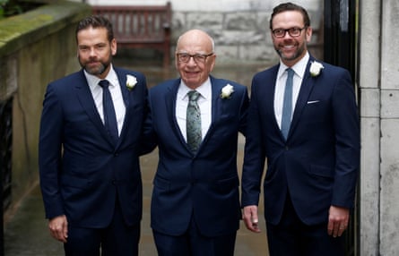 Rupert Murdoch (centre) with sons Lachlan and James Murdoch in 2016.