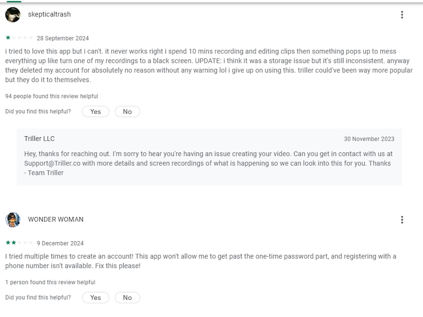 A screenshot of Google Play reviews of Triller