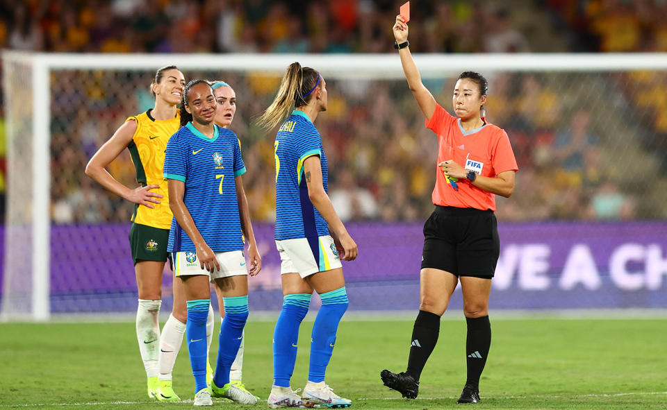 Vitoria de Jesus Santos Calhau, pictured here being red-carded.