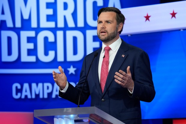 Republican vice presidential nominee Sen. JD Vance, R-Ohio, speaks during a vice presidential debate hosted by CBS News, with Democratic vice presidential candidate Minnesota Gov. Tim Walz, Tuesday, Oct. 1, 2024, in New York. (AP Photo/Matt Rourke)