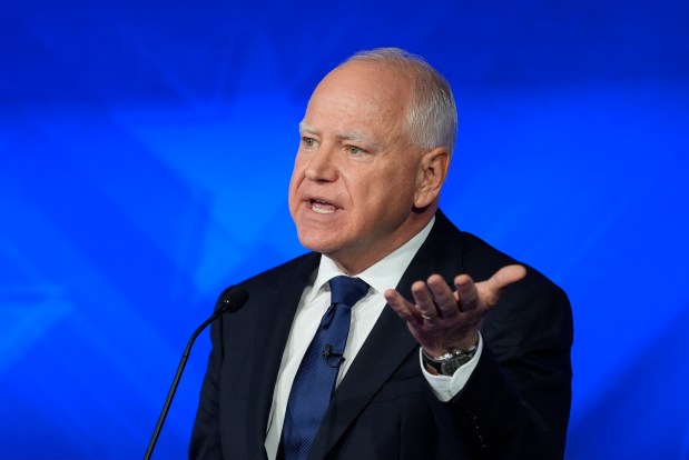 Democratic vice presidential nominee Minnesota Gov. Tim Walz speaks during a vice presidential debate hosted by CBS News, with Republican vice presidential nominee Sen. JD Vance, R-Ohio, Tuesday, Oct. 1, 2024, in New York. (AP Photo/Matt Rourke)