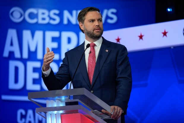 Republican vice presidential nominee Sen. JD Vance, R-Ohio, speaks during a vice presidential debate hosted by CBS News, with Democratic vice presidential candidate Minnesota Gov. Tim Walz, Tuesday, Oct. 1, 2024, in New York. (AP Photo/Matt Rourke)