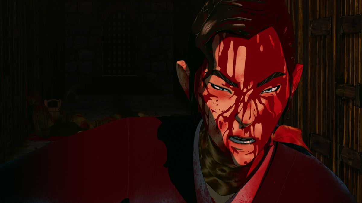 A Japanese anime-style face with shadows across it that look like blood.