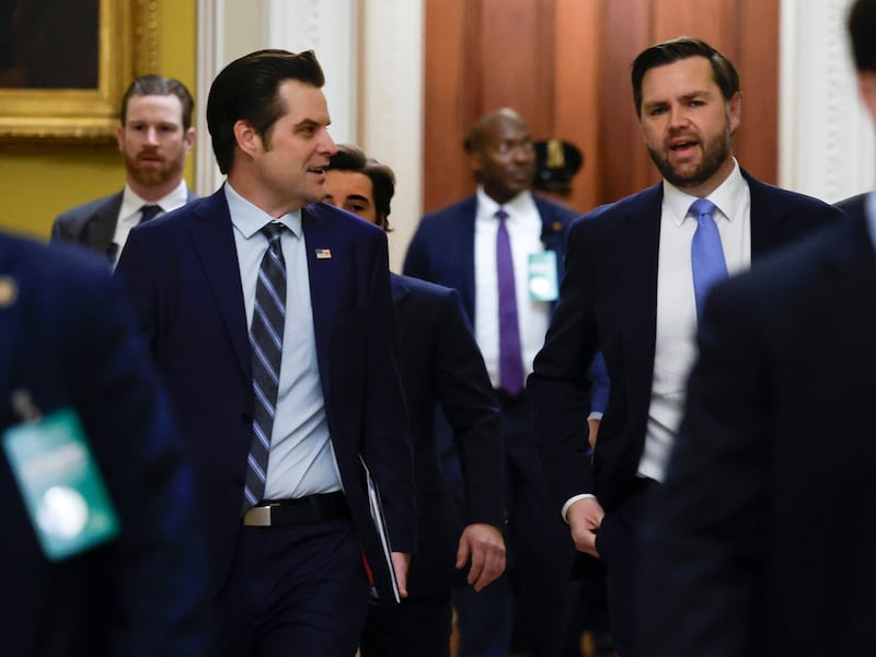 Matt Gaetz and JD Vance arrive for meetings with senators at the US Capitol on Wednesday. Photograph: Kevin Dietsch/Getty Images