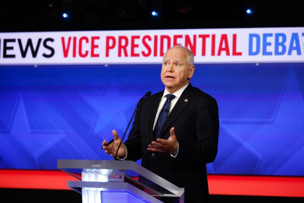 Democratic vice presidential candidate, Minnesota Gov. Tim Walz, speaks during a debate at the CBS Broadcast Center on October 1, 2024 in New York City. This is expected to be the only vice presidential debate of the 2024 general election. (Photo by Chip Somodevilla/Getty Images)