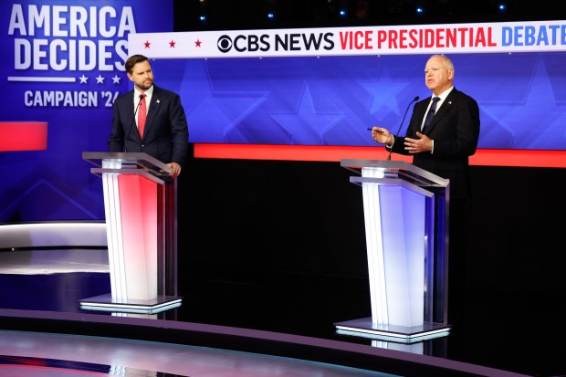 Republican vice presidential candidate, Sen. JD Vance (R-OH), and Democratic vice presidential candidate, Minnesota Gov. Tim Walz, participate in a debate at the CBS Broadcast Center on October 1, 2024 in New York City. This is expected to be the only vice presidential debate of the 2024 general election. (Photo by Chip Somodevilla/Getty Images)