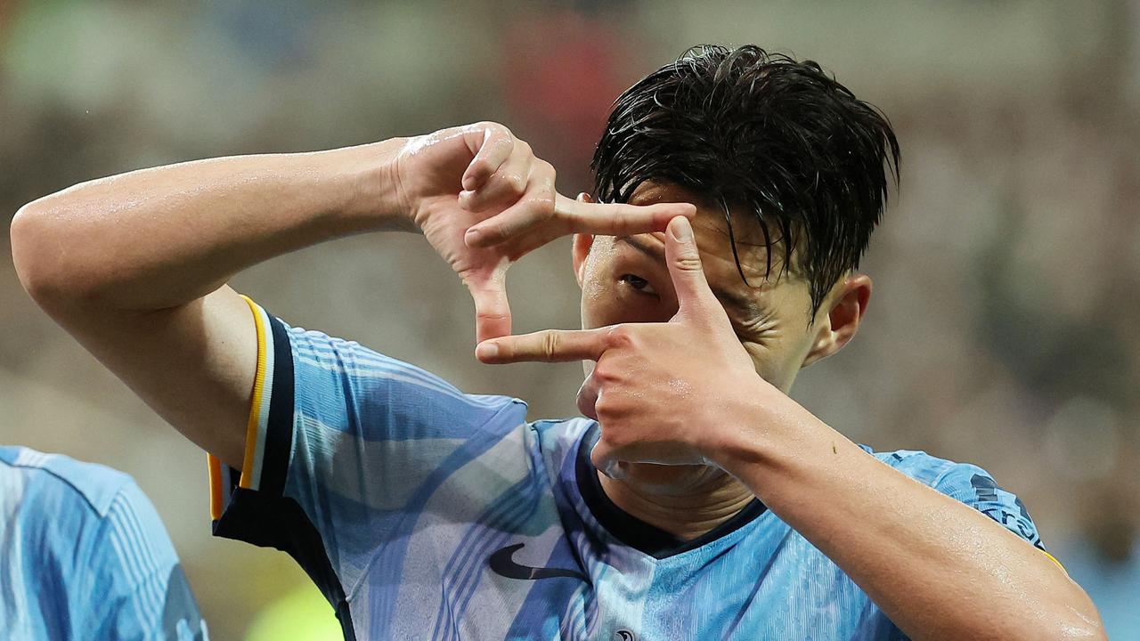 Tottenham Hotspur's Son Heung-min celebrates after scoring a goal during a friendly football match against South Korea's K-League All Stars at the Seoul World Cup Stadium in Seoul on July 31, 2024. (Photo by YONHAP / AFP) / - South Korea OUT / NO ARCHIVES - RESTRICTED TO SUBSCRIPTION USE