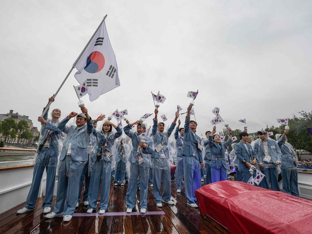 South Korea's delegation on a boat during the opening ceremony of the Paris 2024 Olympic Games. Picture: Lee Jin-man / POOL / AFP