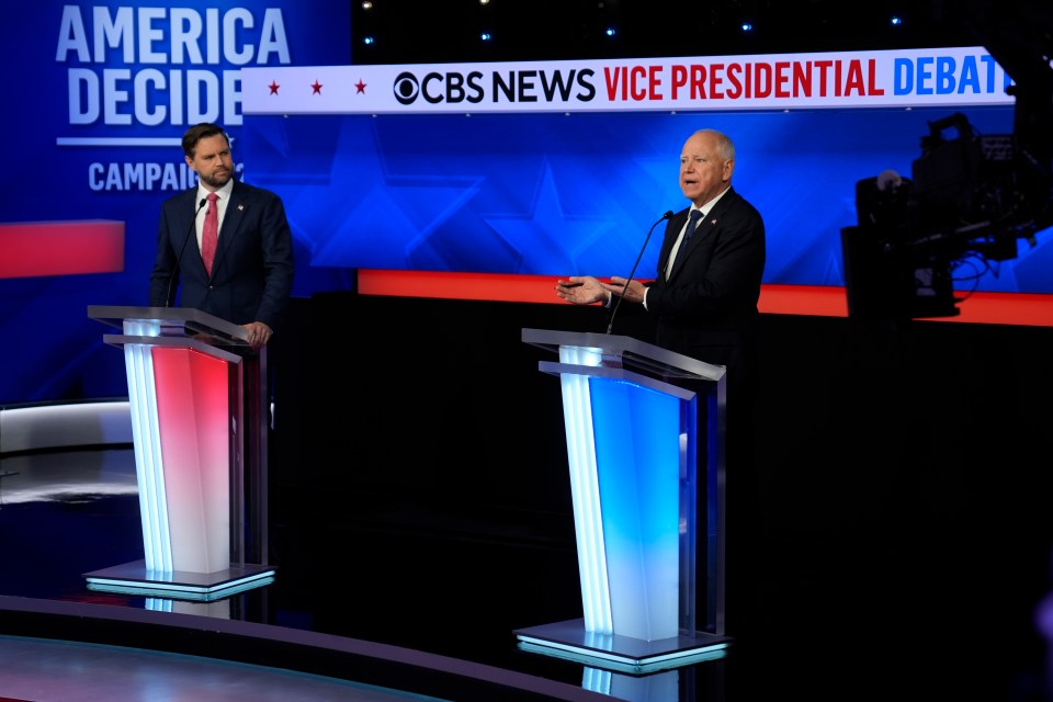 JD Vance, left, and Tim Walz at the vice presidential debate