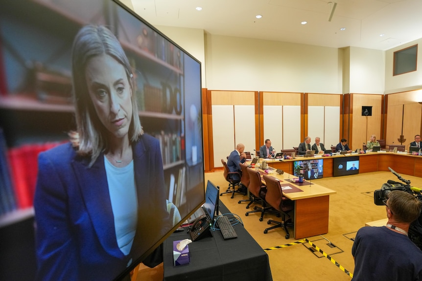 A woman appears on a tv screen, with a row of politicians sitting at tables beside it.