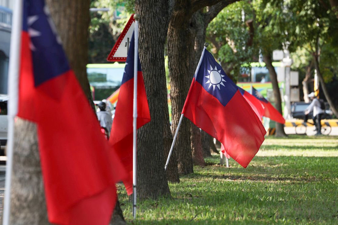 National flags of Taiwan are seen on a street in the city of Hsinchu on October 14, 2024.