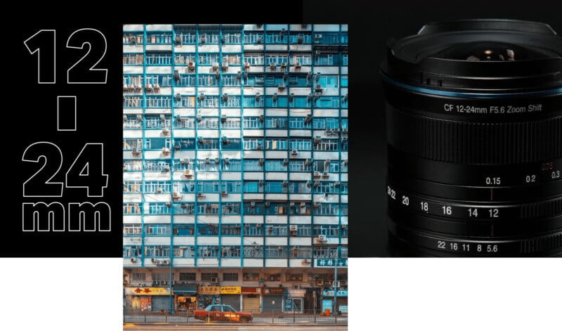 A split image showing a detailed view of an apartment building with numerous balconies on the left and a close-up of a camera lens with markings for focal lengths from 12 to 24 mm on the right.