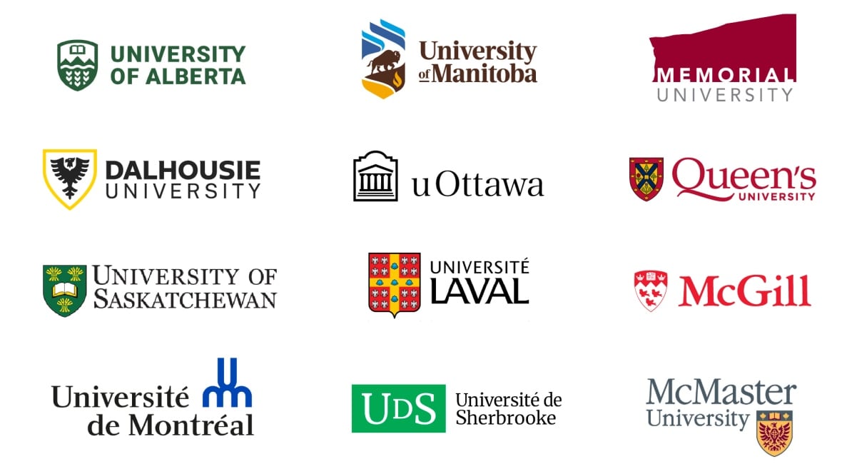 Graphics of logos of 12 Canadian universities. 