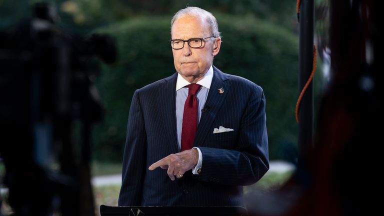 White House chief economic adviser Larry Kudlow speaks before a television interview at the White House, Friday, Oct. 23, 2020, in Washington. Pic: AP                   