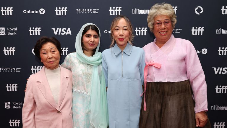 (R-L): Lee Hee Soon, Malala Yousafzai, Sue Kim and Jang Soon Duk. Pic: Apple TV +