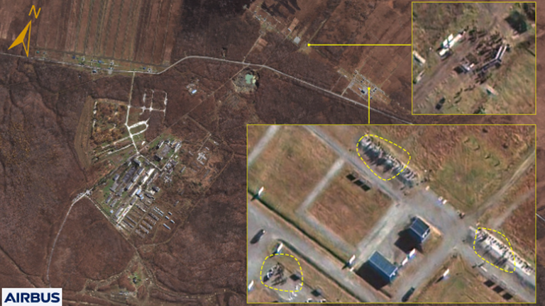 Satellite image released by South Korean intelligence showing North Korean troops at a Russian military site. 