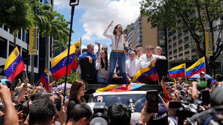 Maria Corina Machado leads a protest against the re-election of President Nicolas Maduro. Pic: AP Photo/Ariana Cubillos